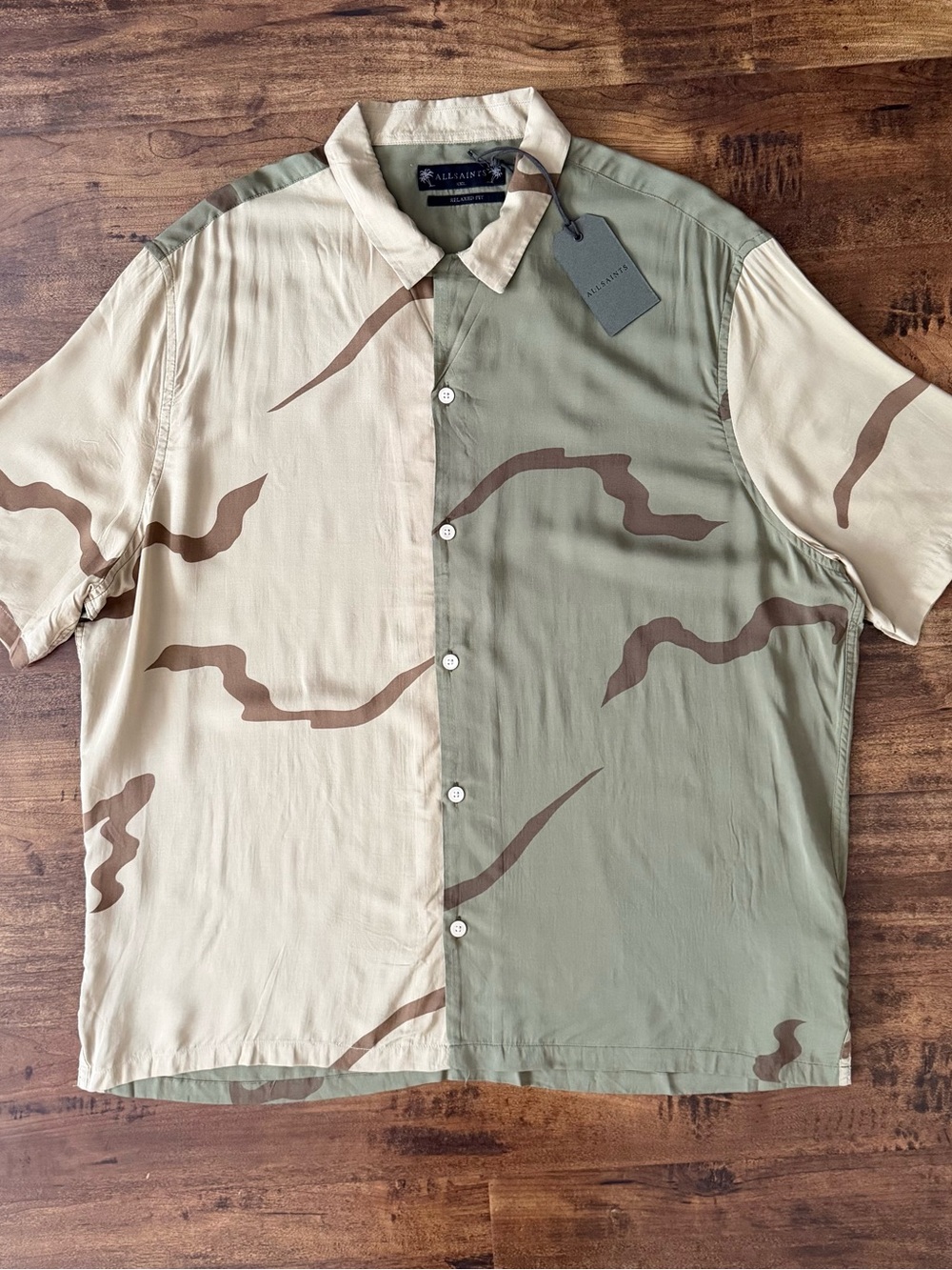 All Saints Two-Tone Desert Print Short-Sleeve Polo - Beige & Olive